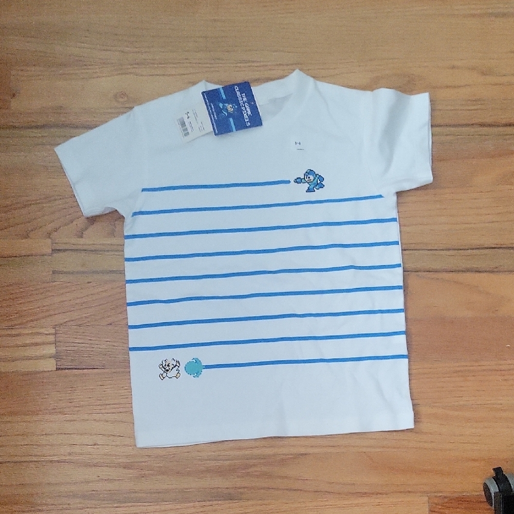Uniqlo Kids White Tee with Blue Stripes and Cartoon Design